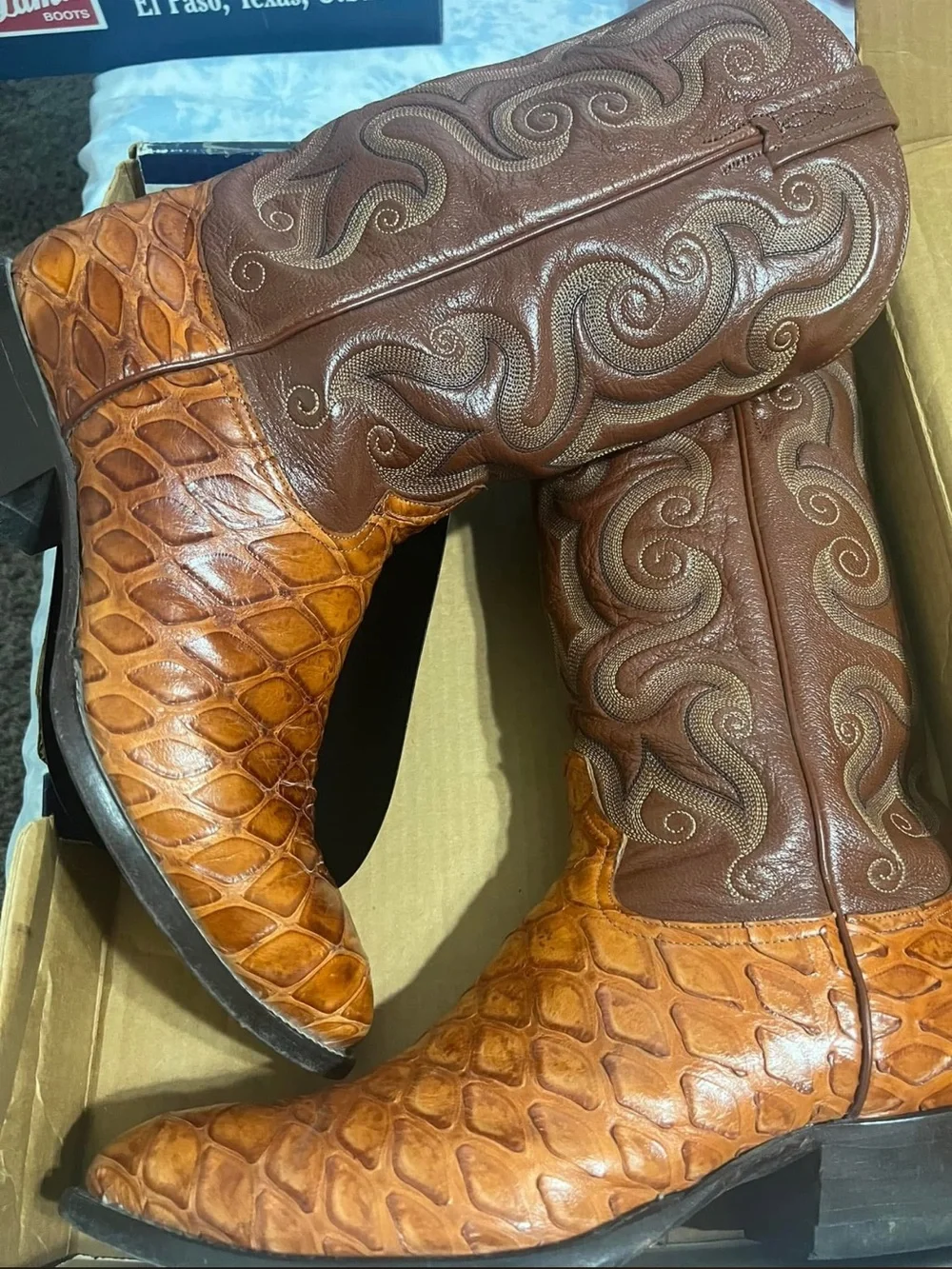 Tony Lama Brown & Orange Western Embossed Leather Boots